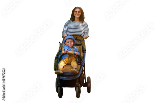 A woman with a baby in a stroller is enjoying a summer walk in the park, isolated on white background. Kid aged about two years (one year eleven months)