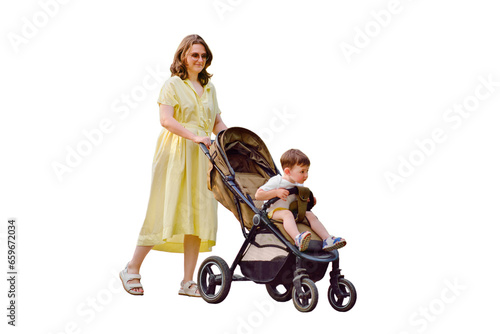 A mother woman walks with a toddler baby in a stroller walking along a path in a summer park, isolated on white background. Kid aged about two years (one year eleven months) © Андрей Журавлев