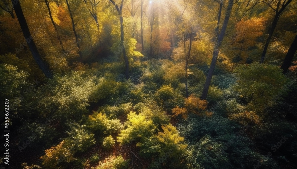 Golden sunlight illuminates vibrant autumn forest, a tranquil wilderness beauty generated by AI