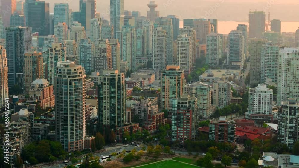 Aerial view of the skyscrapers in Downtown of Vancouver at dawn, Canada Aerial view of the skyscrapers in Downtown of Vancouver at dawn, Canada
