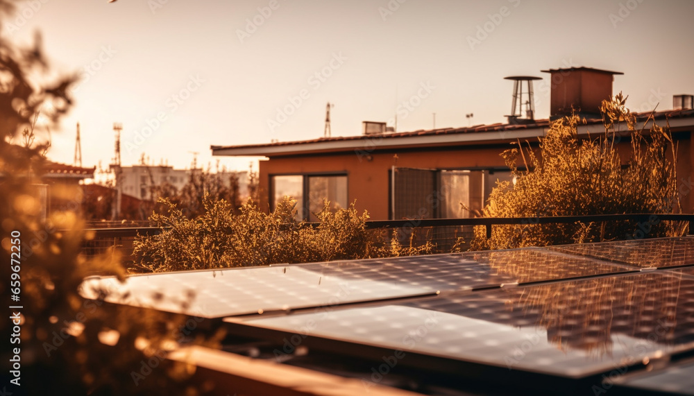 Sunset illuminates modern solar power station, built for environmental conservation generated by AI Sunset illuminates modern solar power station, built for environmental conservation generated by AI