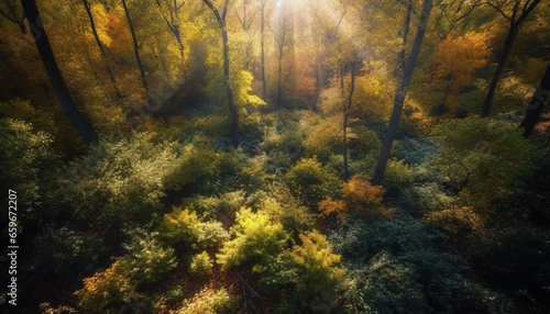 Golden sunlight illuminates vibrant autumn forest, a tranquil wilderness beauty generated by AI