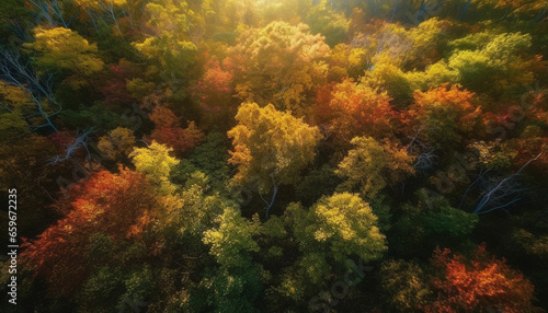 Vibrant autumn forest, multi colored leaves falling in tranquil meadow generated by AI