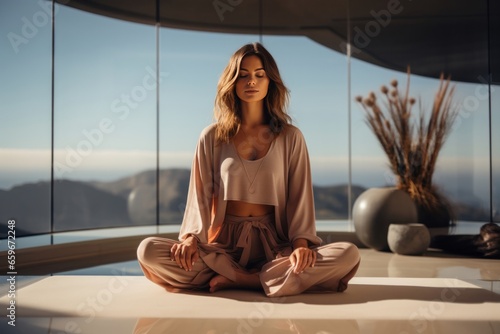 Young attractive woman meditating in yoga position, practicing mindfulness and relaxation