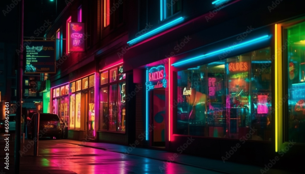 Nightlife illuminated by neon lighting equipment in a vibrant cityscape generated by AI
