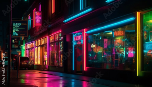 Nightlife illuminated by neon lighting equipment in a vibrant cityscape generated by AI