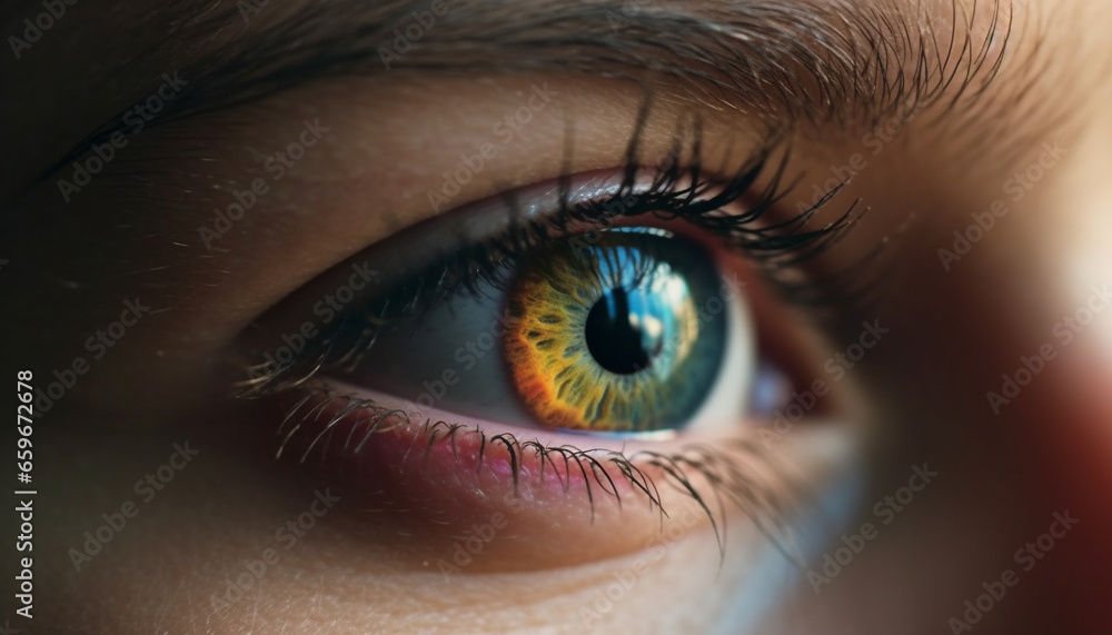 Fototapeta premium Blue eyed woman staring at camera with selective focus on iris generated by AI