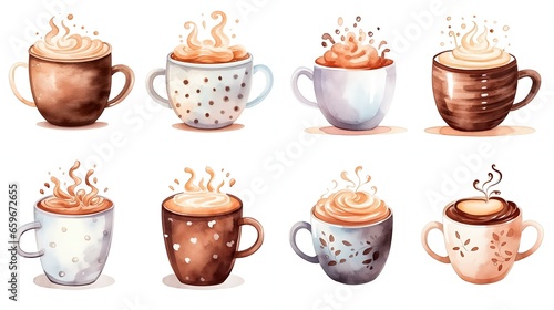 watercolor style illustration of glass of hot coffee with whipped cream, collection set, Generative Ai 