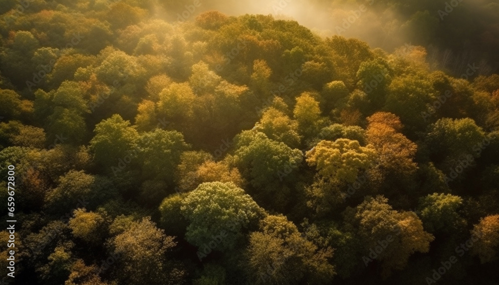 Yellow leaves on tree in foggy autumn forest landscape generated by AI