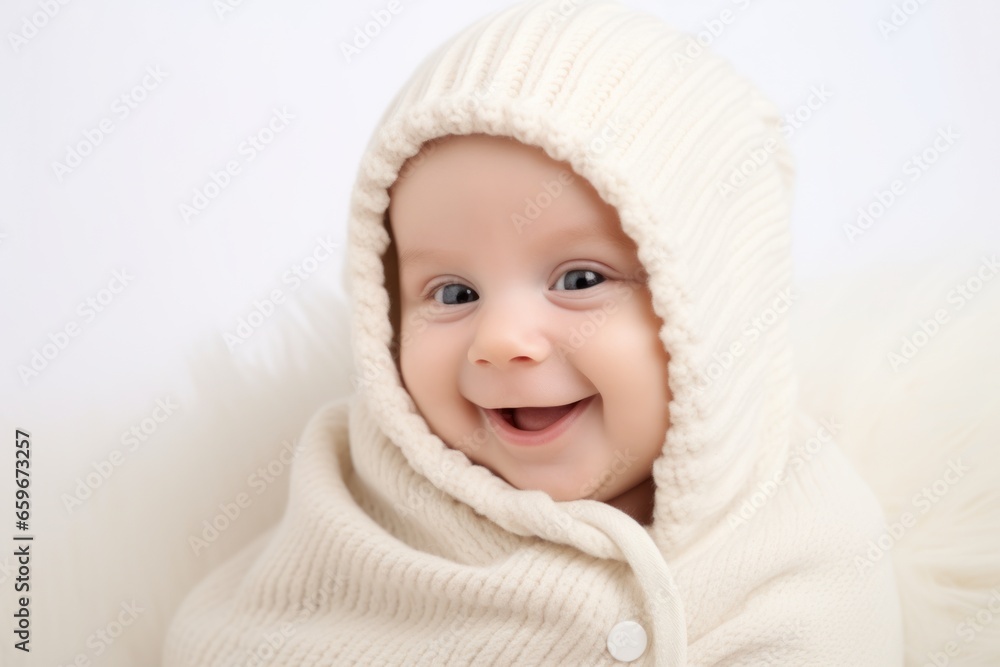 Adorable newborn baby wrapped in white blanket smiles with joy and surprise. Small child. Portrait on white background with copy space. Advertising, Banner, Poster, Children's Store. Purity, innocence Adorable newborn baby wrapped in white blanket smiles with joy and surprise. Small child. Portrait on white background with copy space. Advertising, Banner, Poster, Children's Store. Purity, innocence