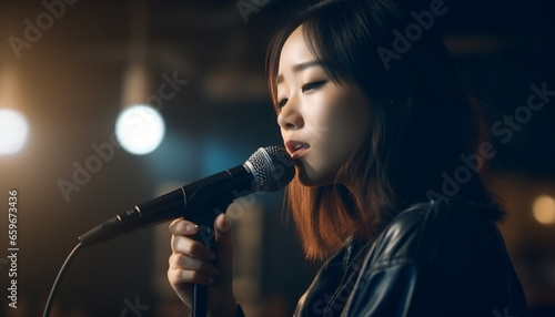 Young woman singer performs on stage, spotlight illuminated generative AI