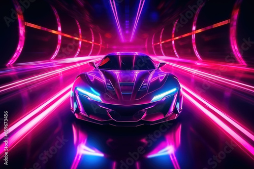 Tuning custom sports cars with neon lights on dark background.
