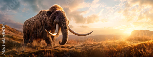 panoramic view of a woolly mammoth walking across the tundra at sunset