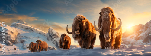 panoramic view of a group of woolly mammoths walking across a snowy tundra at sunset