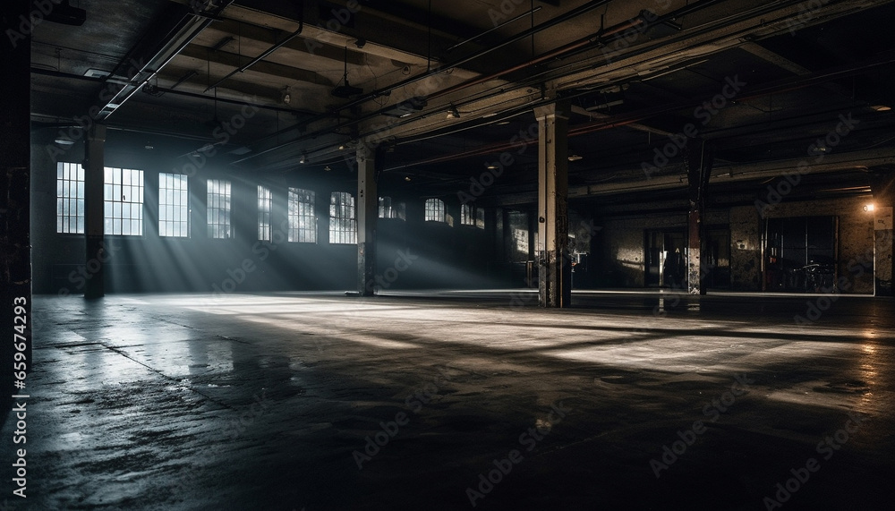 Spooky abandoned factory, empty corridor, dimly illuminated generative AI