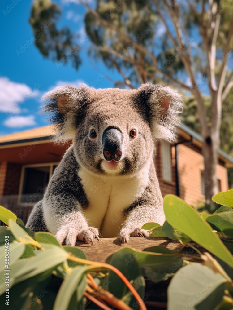 Obraz premium A Photo of a Koala Standing in the Backyard of a Nice House in the Suburbs