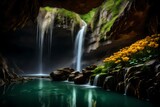 Waterfall behind cave  with yellow flower