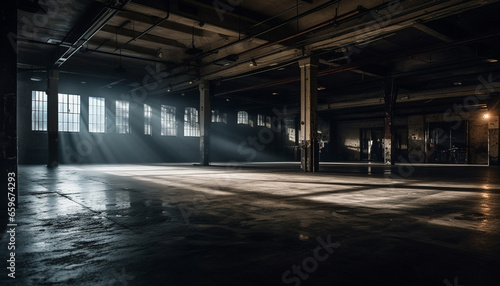 Spooky abandoned factory  empty corridor  dimly illuminated generative AI
