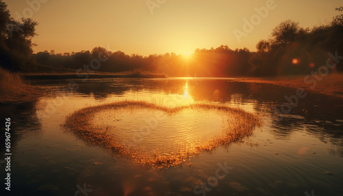 Romantic sunset reflects love in tranquil nature, a heart shaped symbol generated by AI