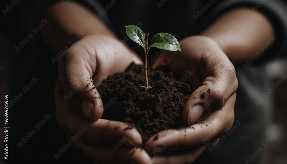 Small hand holding seedling, new life begins generative AI Small hand holding seedling, new life begins generative AI