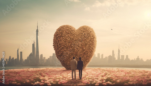 City love Romance blooms in urban skyline, nature celebrates growth generated by AI