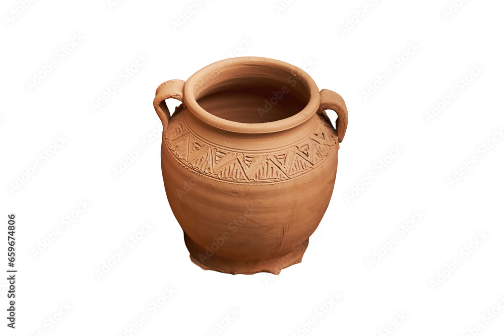 Handmade vintage ceramic tableware according to medieval technologies, isolated on a white background. Reconstruction of the events of the Middle Ages in Europe.