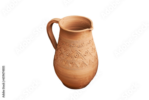 Handmade vintage ceramic tableware according to medieval technologies, isolated on a white background. Reconstruction of the events of the Middle Ages in Europe.