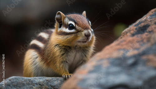 Fluffy chipmunk sitting on rock, eating grass generative AI