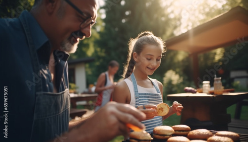Multi generation family enjoys summer barbecue in yard generative AI