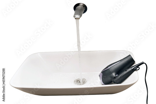 Electrical shock can occur in the bathroom, isolated on white background. An electrical appliance lies dangerously in a sink with running water