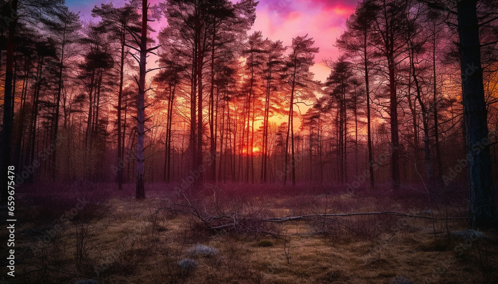 Obraz premium Tranquil scene of a purple sunset over a foggy forest generated by AI