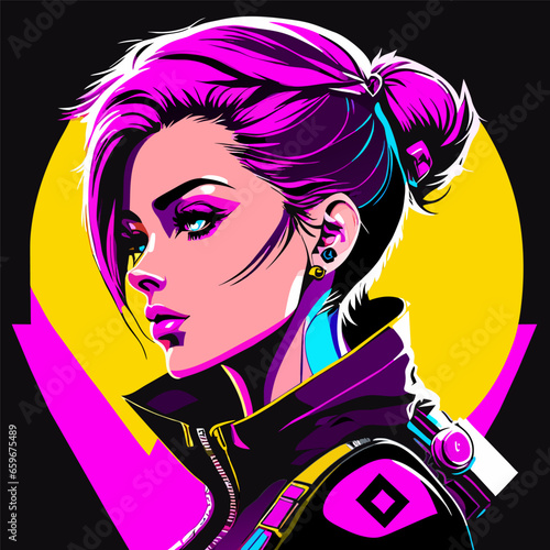 Cyberpunk sci-fi poster. Colorful vector illustration of beautiful girl with futuristic bright background.
