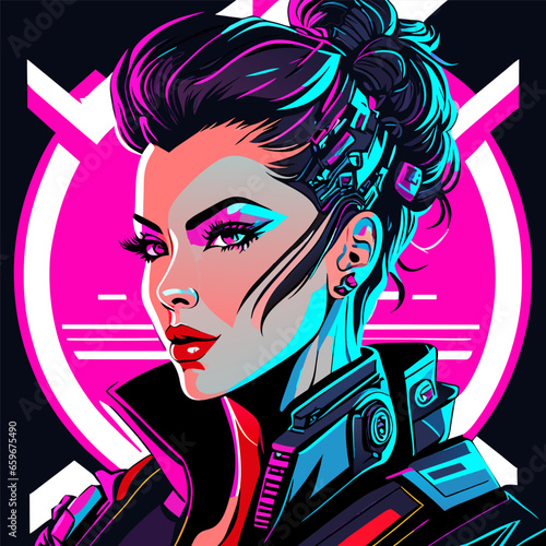 Cyberpunk sci-fi poster. Colorful vector illustration of beautiful girl with futuristic bright background.