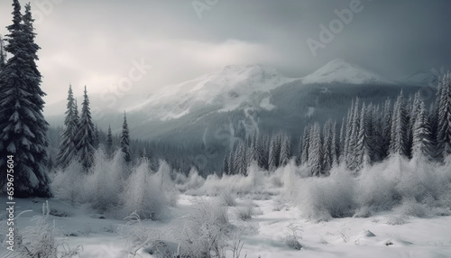 Tranquil snowy mountain landscape with coniferous trees and frozen peak generated by AI