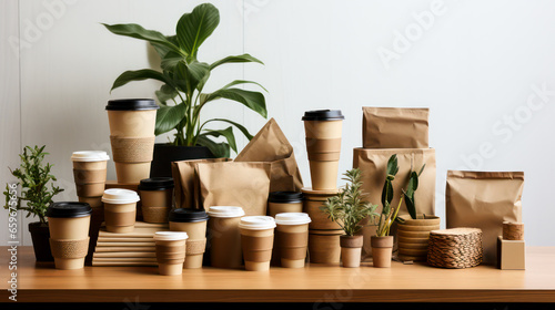 Group biodegradable coffee cups close up