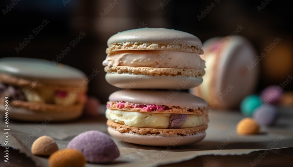 A colorful stack of homemade French macaroons on rustic wood generated by AI