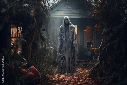 Zombie con harapos blanquecinos, delante de una casa de madera  terrorifica por la noche en un bosque lugubre nocturno con vegetacion de otoño. Concepto de halloween photo