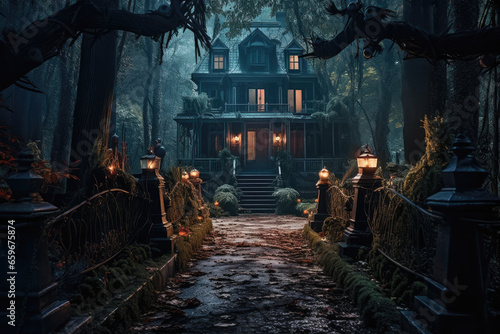 Mansion iluminada terrorifica por la noche en un bosque lugubre nocturno con vegetacion de otoño. Concepto de halloween photo
