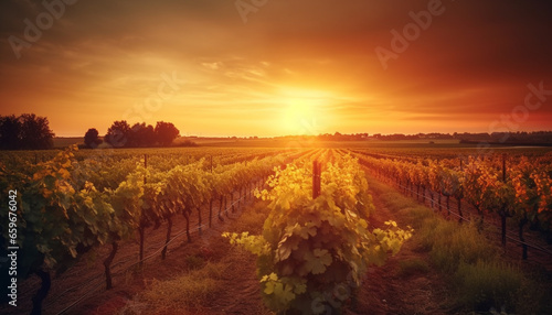 Tranquil sunset over rural vineyard, ripe grapes in golden light generated by AI
