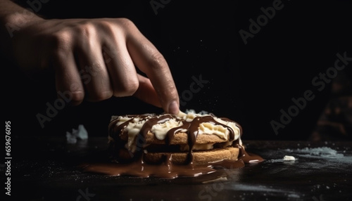 Homemade chocolate pancake stack  a sweet indulgence on wood table generated by AI
