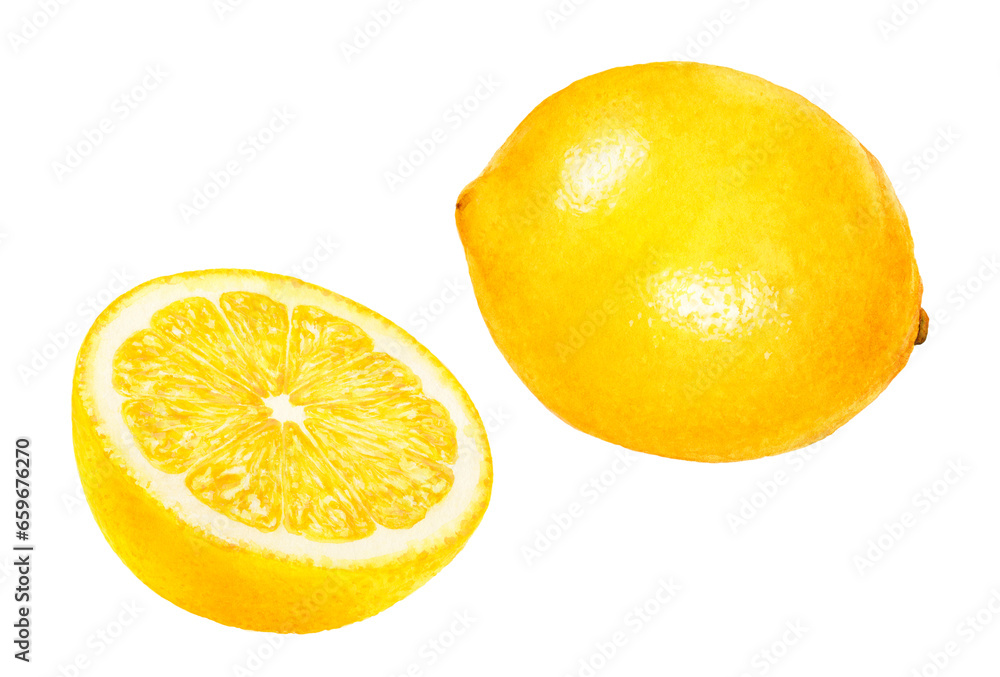 Close-up view watercolor illustration of a lemon, isolated png-file. Hand drawing for packaging design, menus, books, postcards..