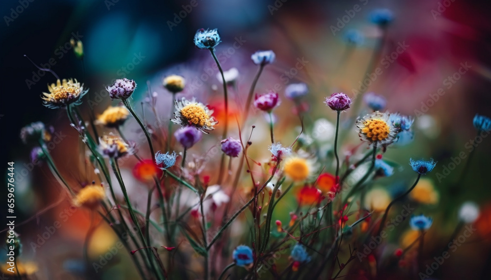 Vibrant wildflower meadow in soft focus at sunset, autumn beauty generated by AI