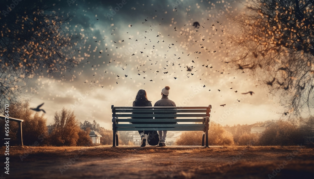 A couple in love sitting on a bench, enjoying nature beauty generated by AI A couple in love sitting on a bench, enjoying nature beauty generated by AI