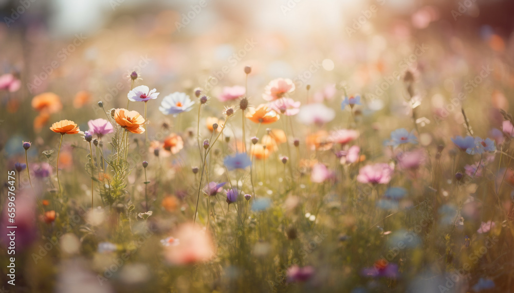 Vibrant wildflowers bloom in tranquil meadow, surrounded by nature beauty generated by AI