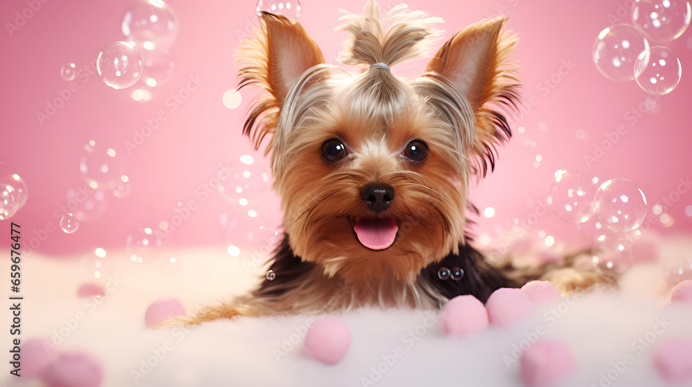  Cute little Yorkshire Terrier dog in a bath with foamwith foam and soap bubbles. Llittle Yorkshire Terrier dog in a bath. - obrazy, fototapety, plakaty 
