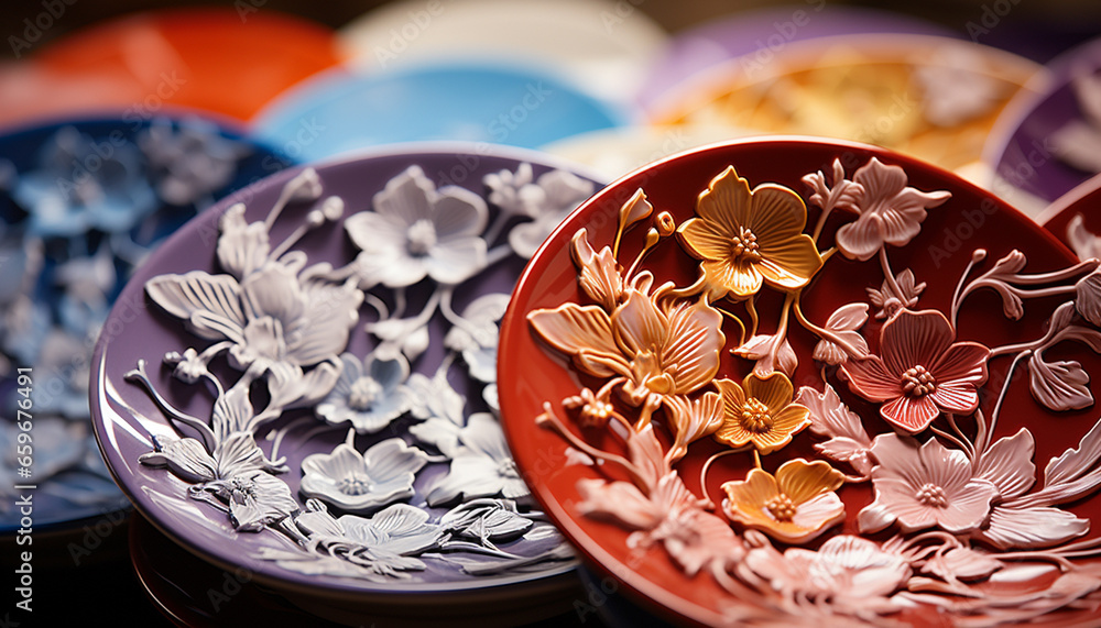 Vibrant floral pattern adorns homemade earthenware bowl for elegant gift generated by AI Vibrant floral pattern adorns homemade earthenware bowl for elegant gift generated by AI