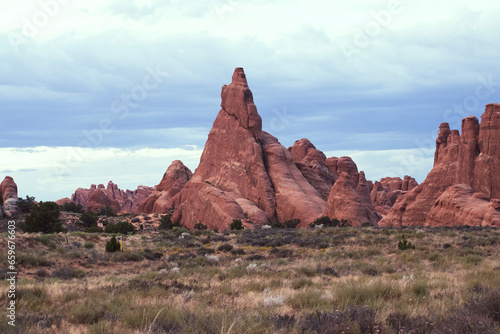 Sandstone rock formation, the Fins, at arches national park during sunset.