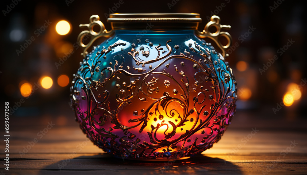 Rustic pottery gift illuminated by candle flame in old fashioned decor generated by AI Rustic pottery gift illuminated by candle flame in old fashioned decor generated by AI