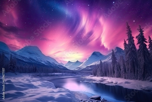 aurora boreal sky over a landscape with snow Generative AI