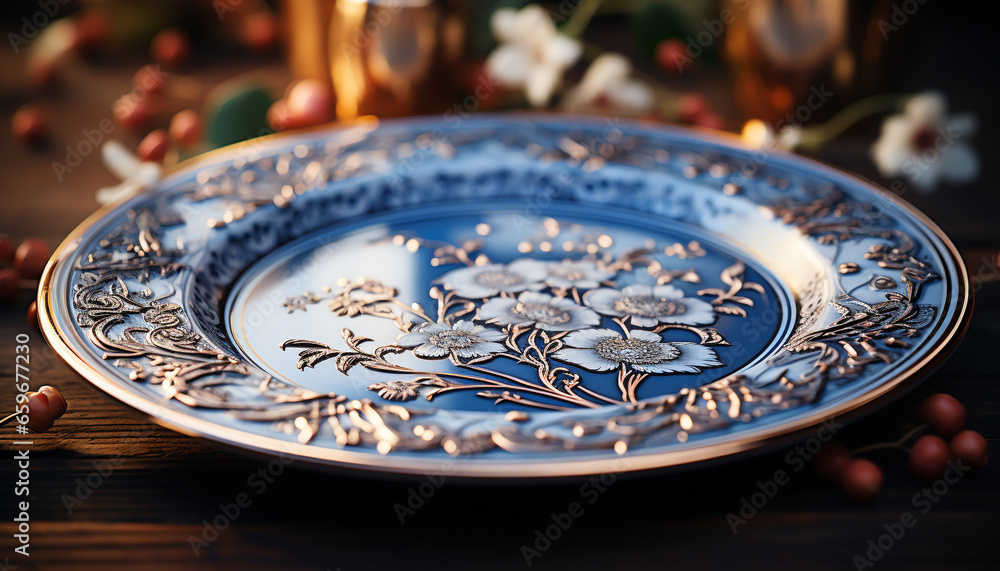 Ornate crockery on old fashioned table, a celebration of cultures generated by AI Ornate crockery on old fashioned table, a celebration of cultures generated by AI